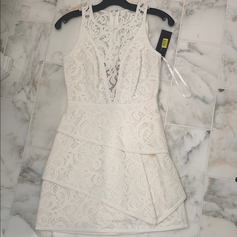 BCBGMaxAzria Cream Asymmetrical Lace Dress